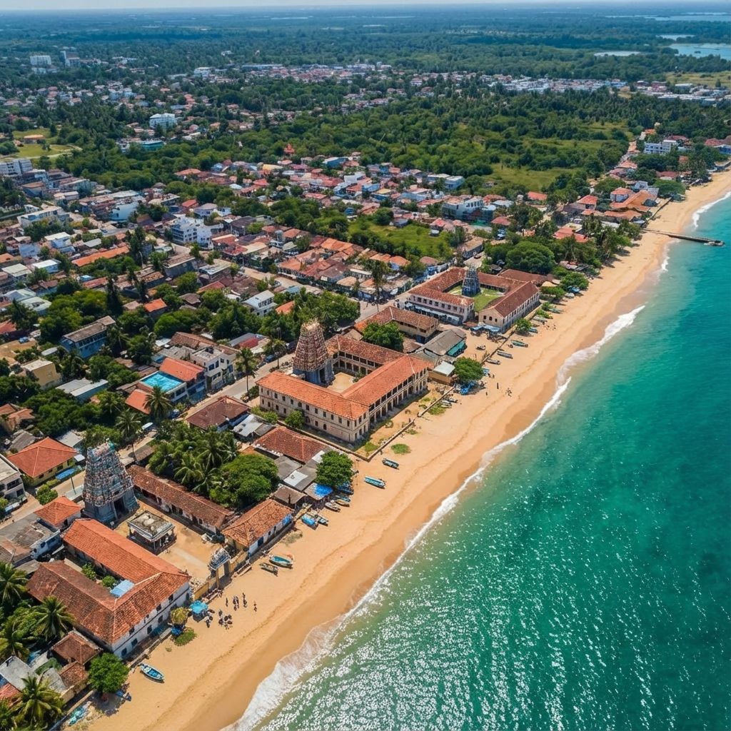 Aerial view of Jaffna coastline with temples and traditional architecture